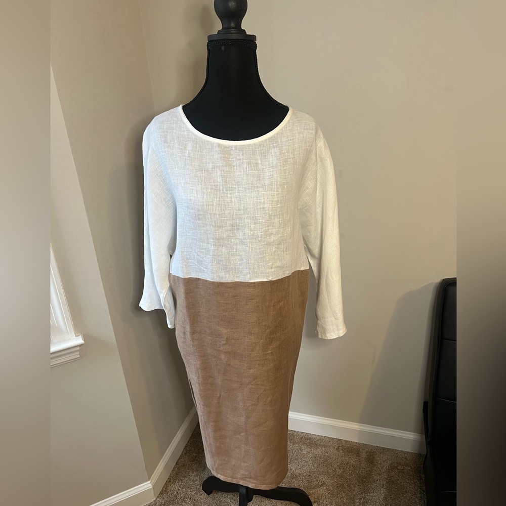 Vanessa Zani Italian Elegant Two-Tone Linen Dress